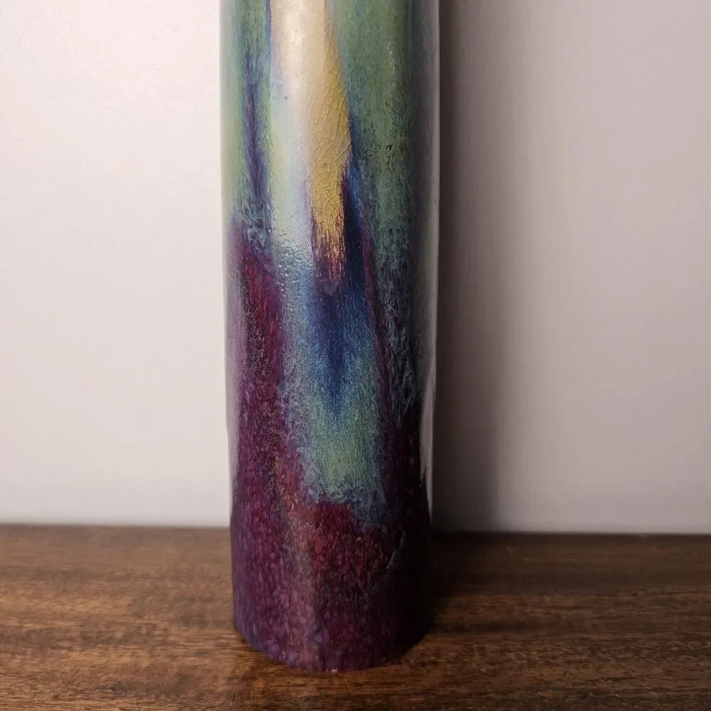 Art Pottery Drip Glaze Vase Iridescent Stoneware Signed 14